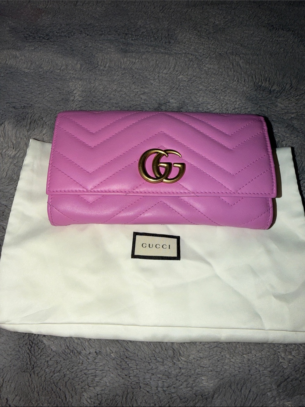 Preloved Gucci Lavender Pink Quilted GG Continental Wallet gold hardware with DB